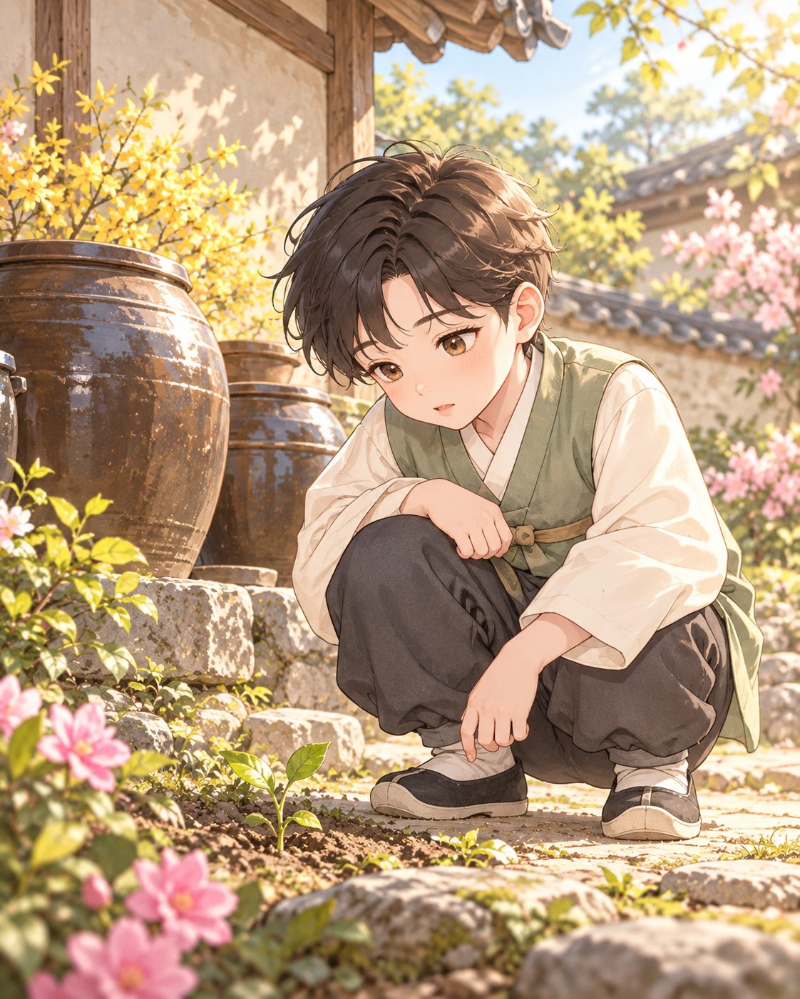 가상의 어린 화자가 장독대 옆에 쪼그려 앉아 새싹을 바라본다. 실제 저자의 외모나 장소를 재현한 것은 아니다.
