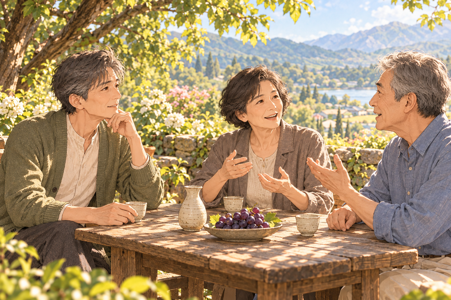 작은 탁자에 둘러앉은 세 명의 가상 인물이 포도와 작은 술잔을 두고 이야기를 나눈다.