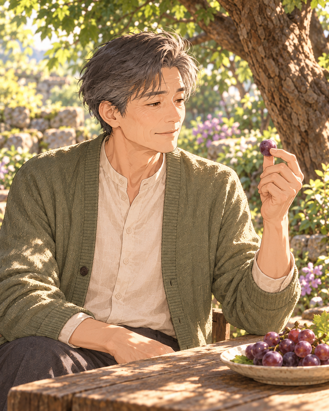 손끝에 가볍게 든 보랏빛 포도 한 알.