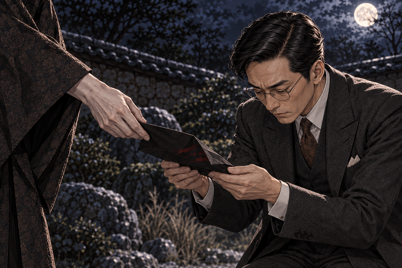 이케다가 두 손으로 묵지를 받아든다.