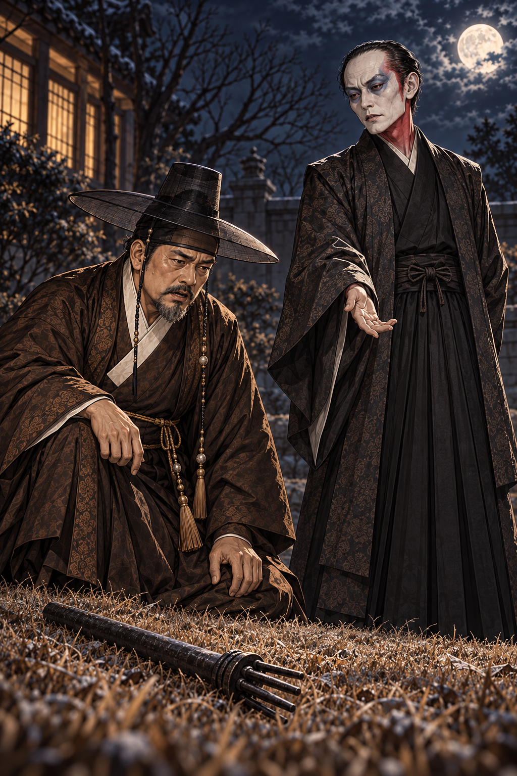아버지가 아래쪽을 내려다보며 산 정상에 꽂는지 묻는다. 인물의 문답을 가까이 잡는다.
