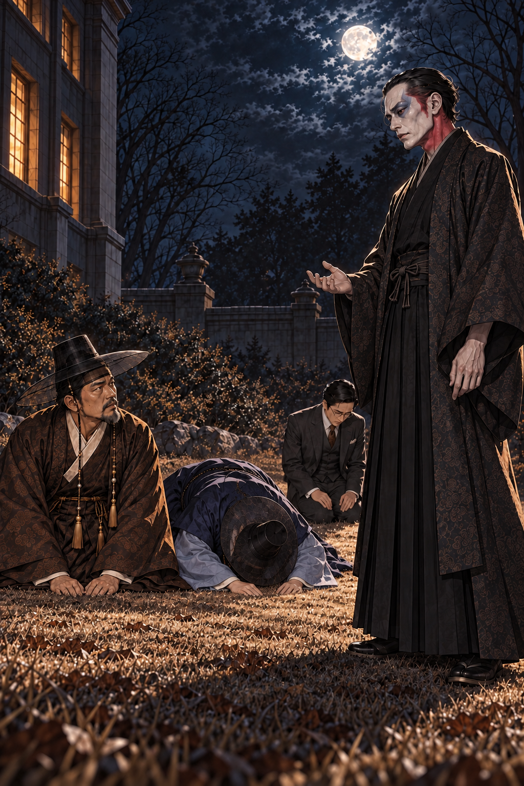 무라야마만 서서 예언한다. 아버지는 무릎을 꿇고 올려다보며, 아들은 같은 자리에서 다시 엎드려 있다.
