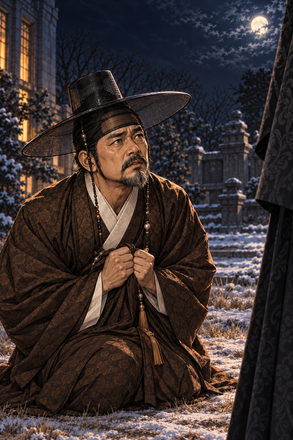 아버지는 무릎을 꿇고, 오른쪽에 서 있는 검은 옷의 선사를 올려다본다.