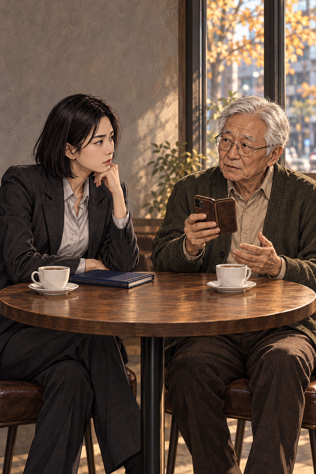 카페에서 직원은 왼쪽, 노인은 오른쪽 자리에 앉았다. 노인이 갈색 덮개 휴대전화를 들고 있다.