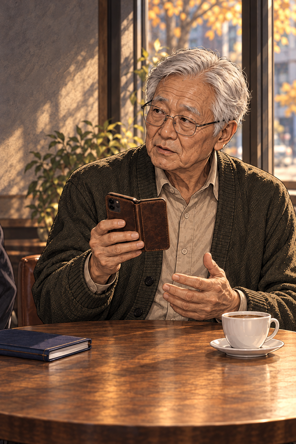 노인은 같은 자리에 앉아 자기 휴대전화를 든 채 설명한다.