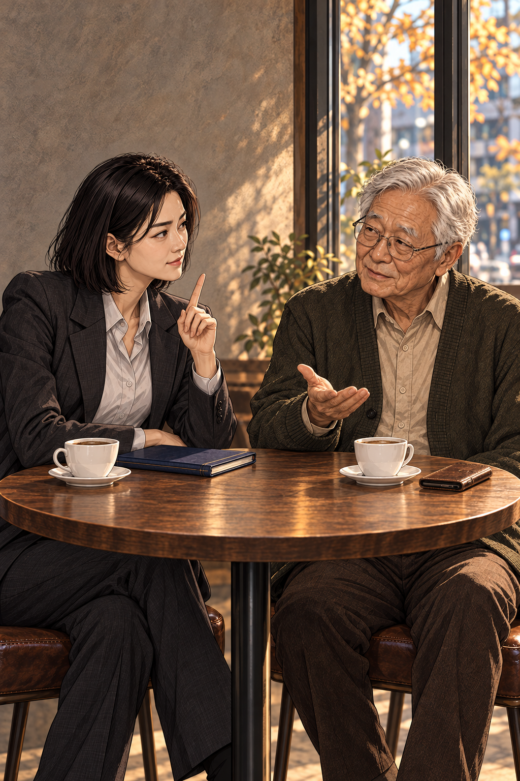 노인이 휴대전화를 탁자에 내려놓고 손바닥을 펴며 대답한다. 두 사람은 계속 앉아 있다.